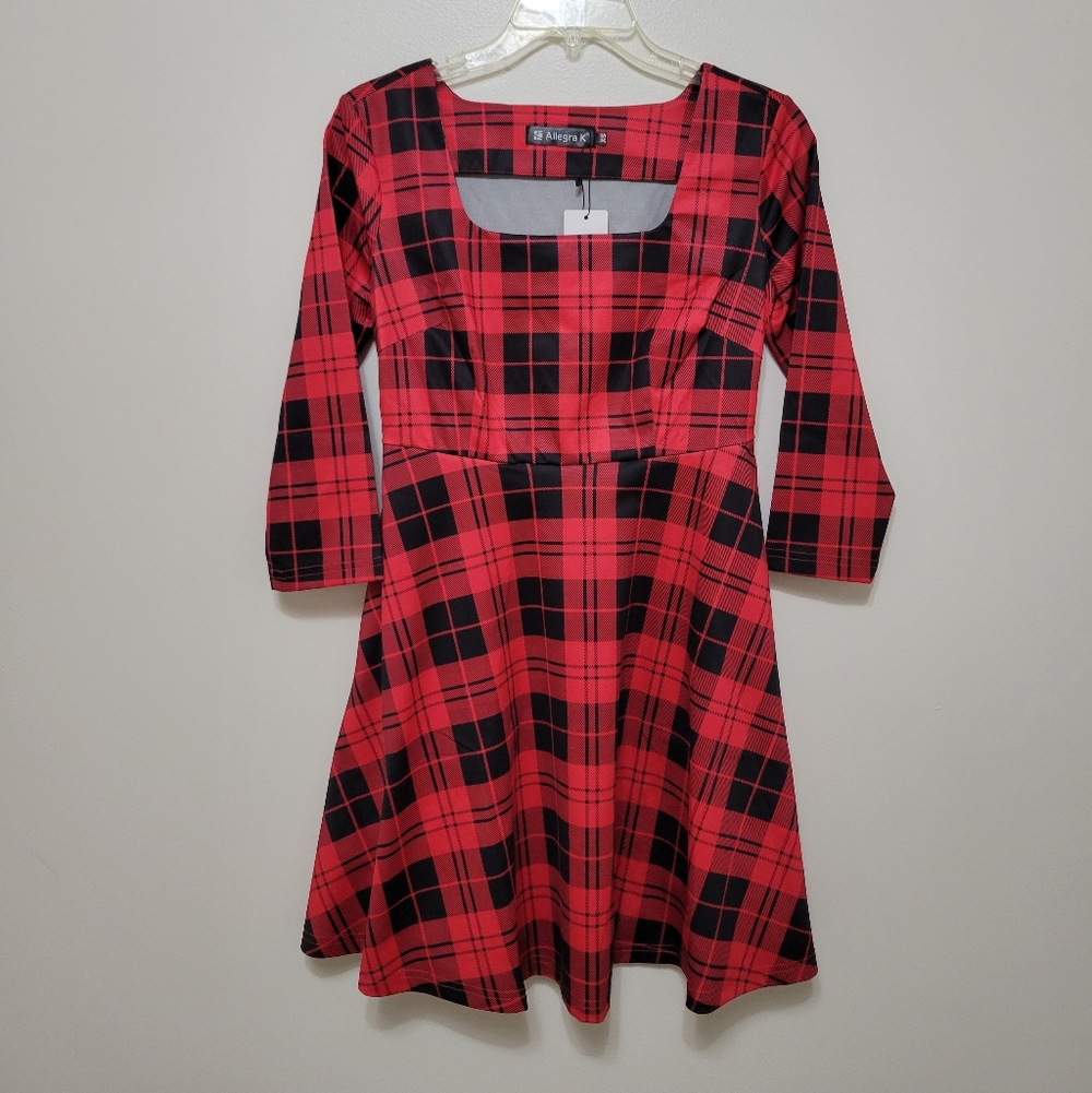 Nwt Allegra k Red And Black Plaid Longsleeve Mini Dress